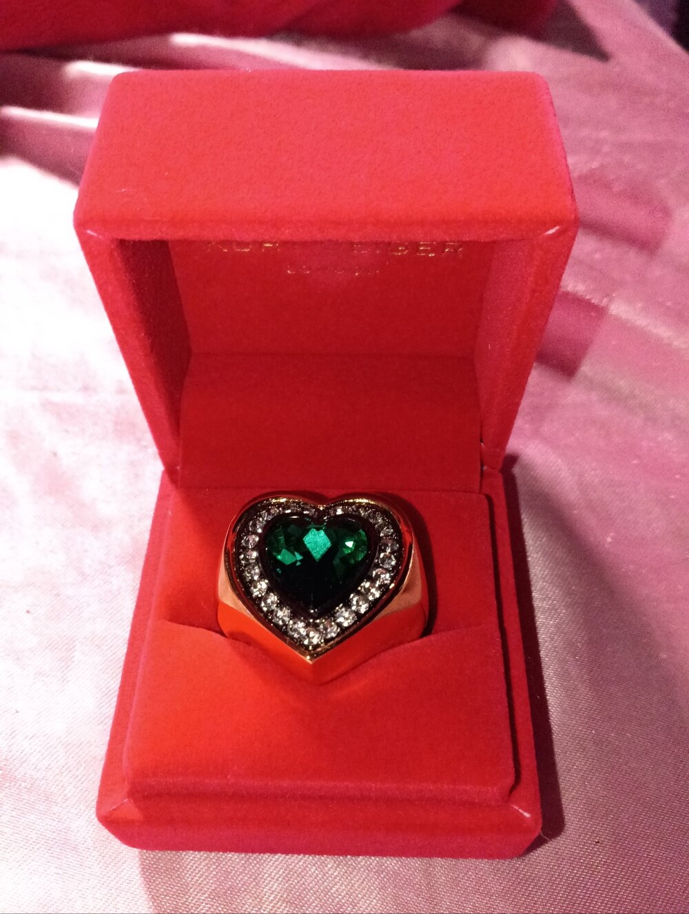 Kurt Geiger Gold Heart Ring with Emerald Green Crystal and Clear Accents